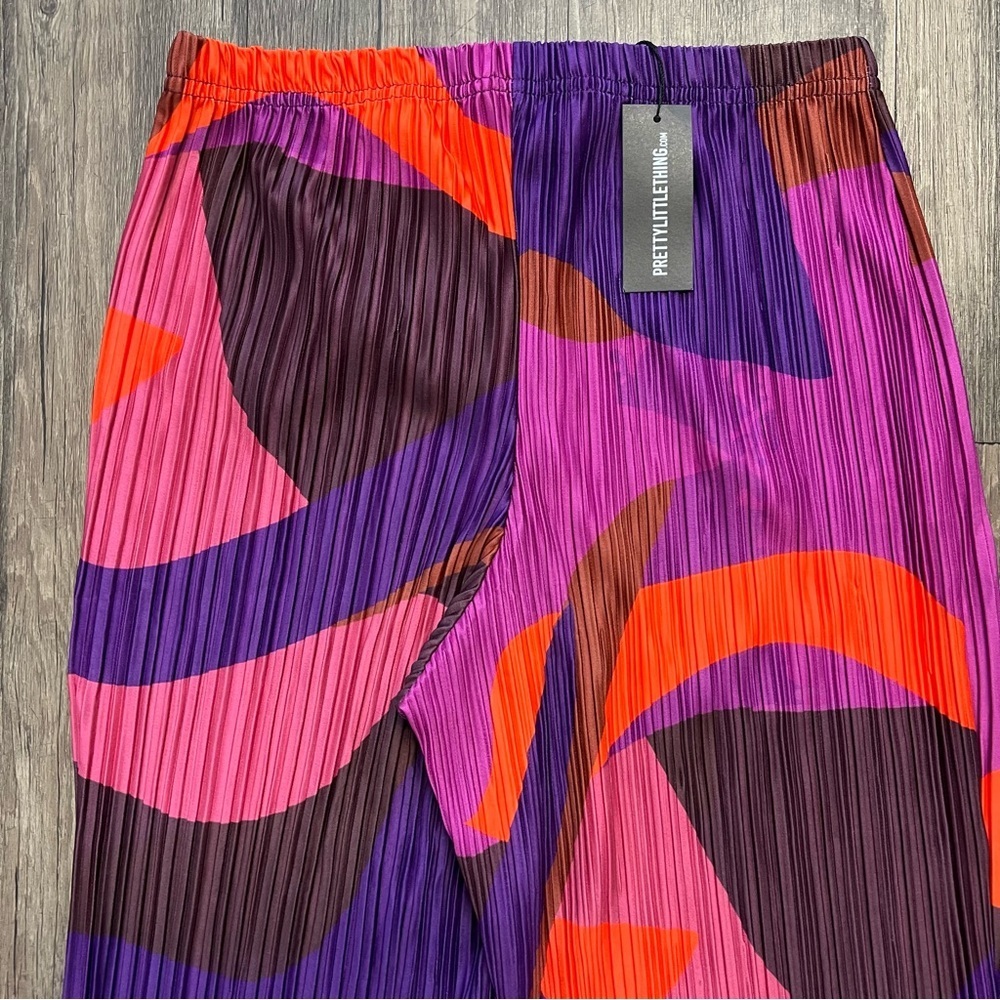 NWT PrettyLittle Thing Pink Orange Print Plisse High Waist Wide Loose Leg Pants - Picture 6 of 12